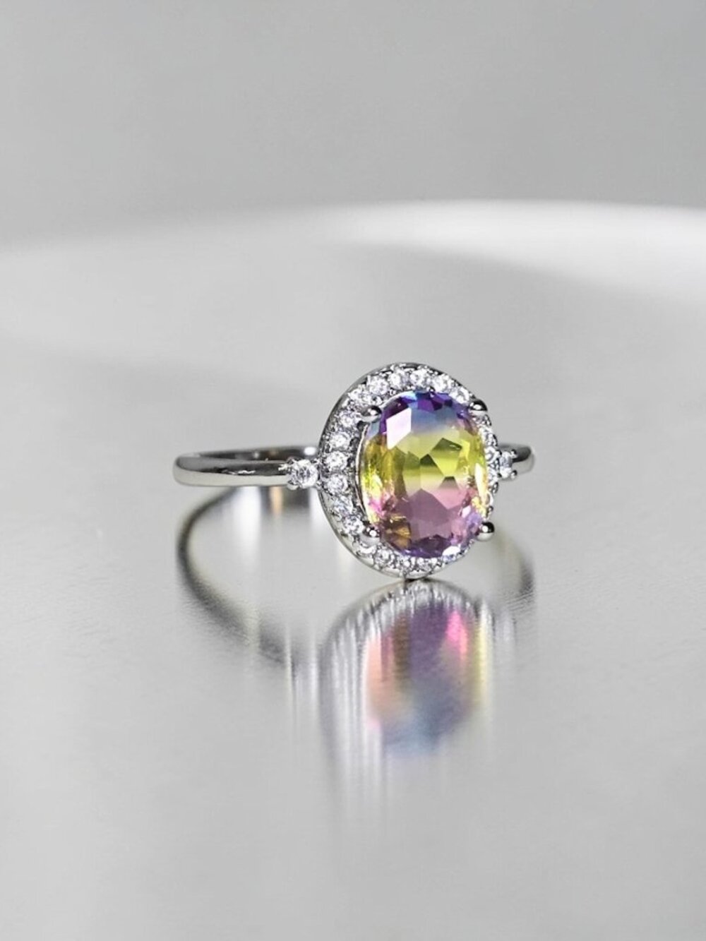 Stunning "Sunset" Gemstone Cubic Zirconia Oval Halo Statement Ring Size 7 NWOT